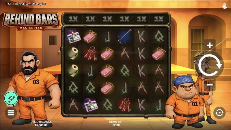 Behind Bars Masterplan - game screen with 6x5 reels and vertical multipliers